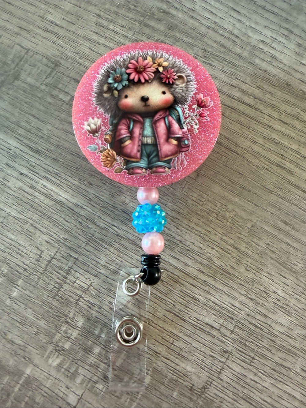 Pink Hedgehog Floral Badge Reel Card Holder